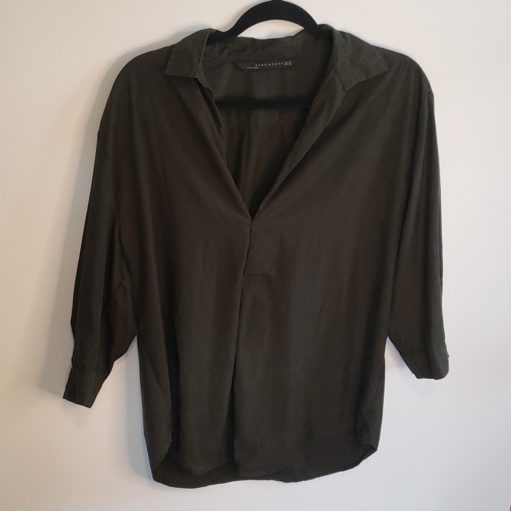 Olive Green Zara Blouse 3/4 Sleeve Size Med